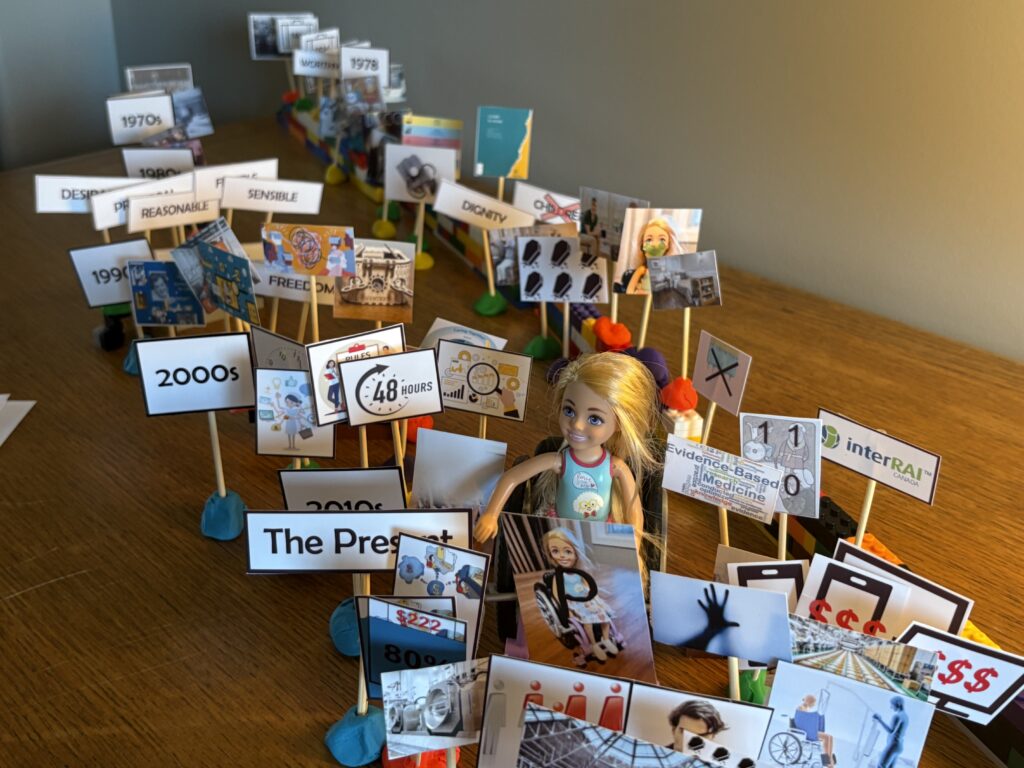 An image from my research of wheelchair Barbie surrounded by images that represent the 400 years of baggage there is around this area